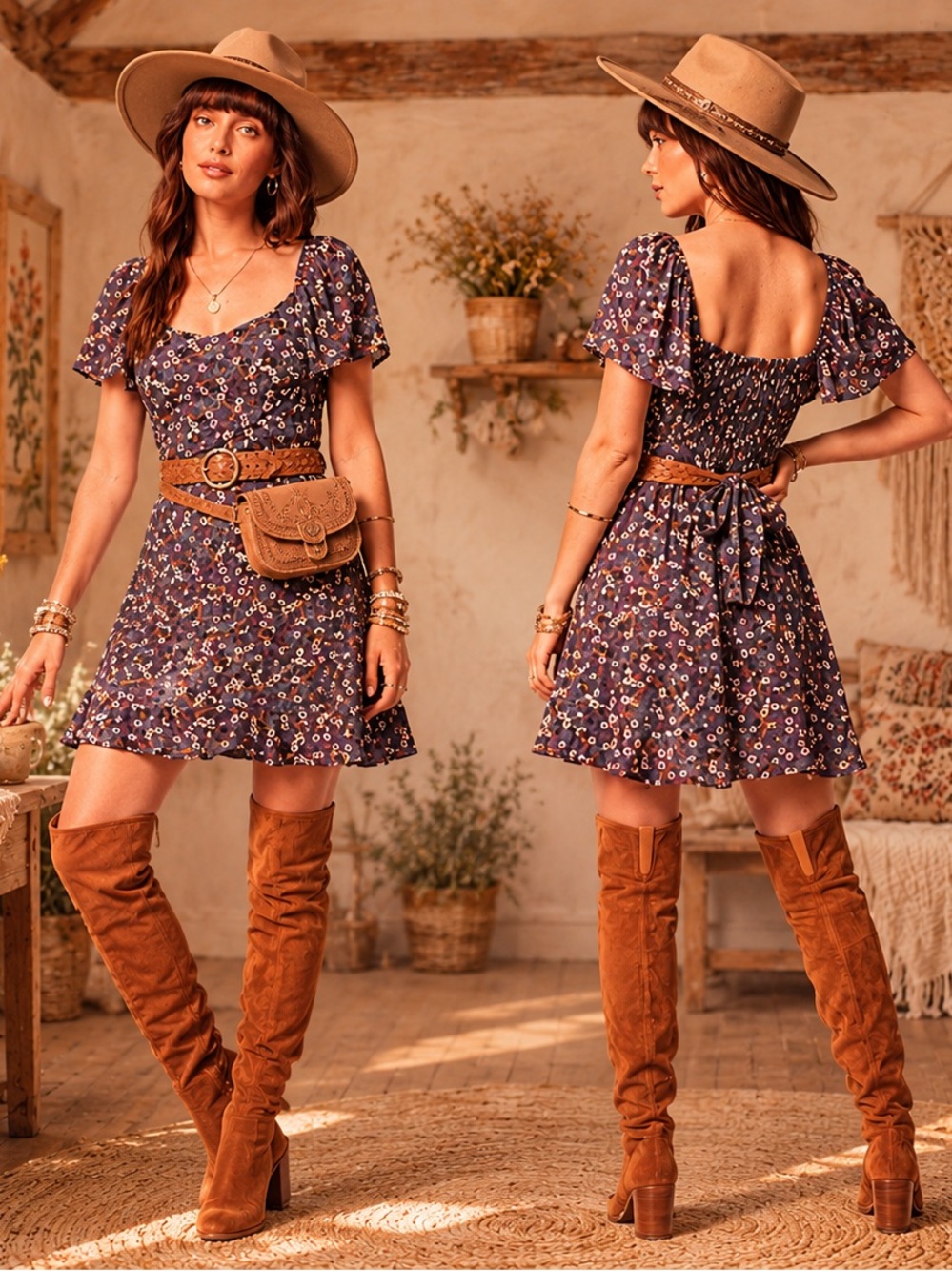 Band of the Free Coraline Purple Floral  Boho Cottagecore Western Tie Back dress